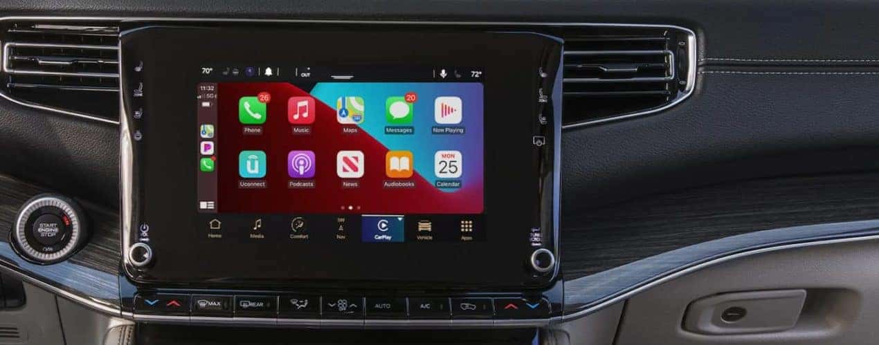 A close up shows the apps on the infotainment screen in a 2023 Wagoneer L.