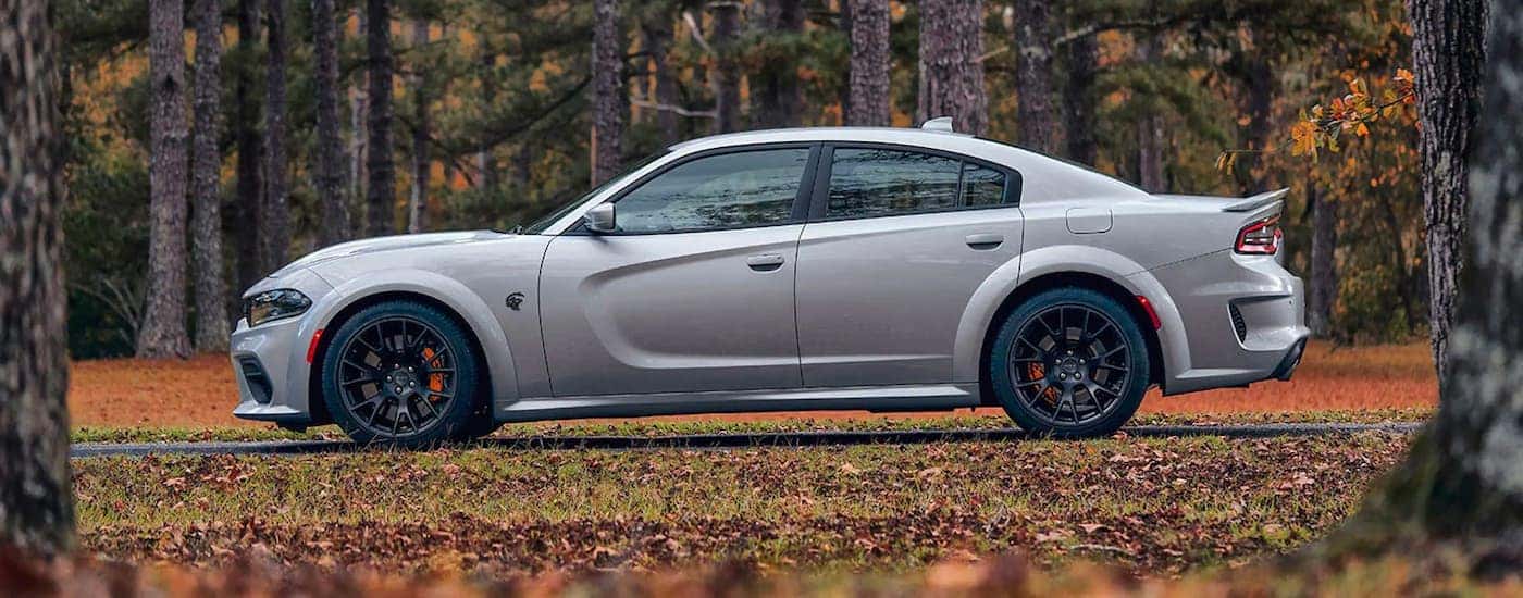 A silver 2022 Dodge Charger SRT Hellcat Widebody is shown near autumn leaves after leaving a Dodge Charger dealer.