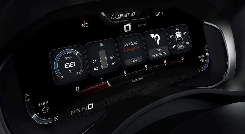 The black dash of a 2023 Ram 2500 Rebel HD is shown.