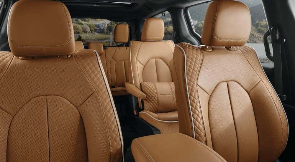 The brown seats of a 2023 Chrysler Pacifica are shown.