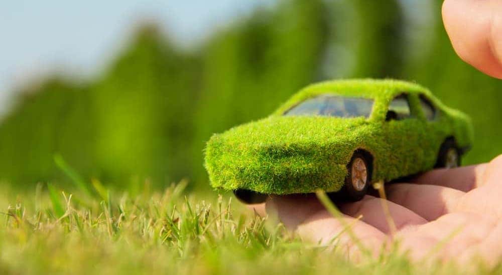A person is shown holding a toy car with grass on it.