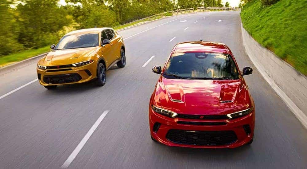 A yellow and a red 2024 Dodge Hornet are shown racing on a tree-lined road.