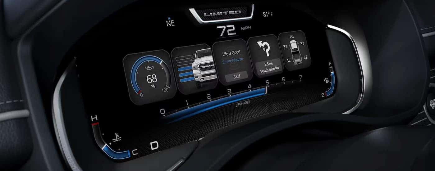 A close-up of the digital dash display is shown in a 2025 Ram 1500.
