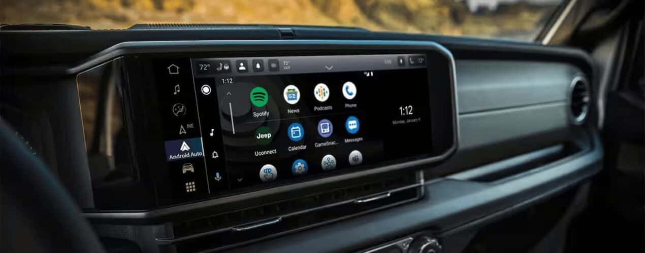 A close up of the infotainment screen in a 2025 Jeep Wrangler.