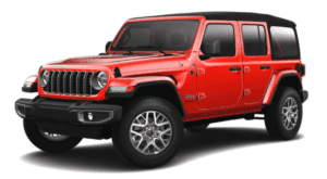 A red 2025 Jeep Wrangler Sahara is angled left.