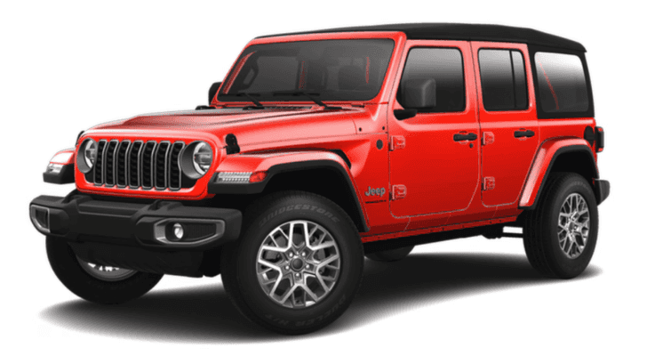 A red 2025 Jeep Wrangler Sahara is angled left.