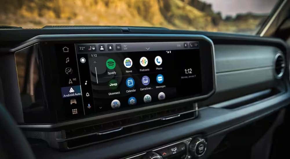 Close-up of the infotainment screen in a 2025 Jeep Wrangler.
