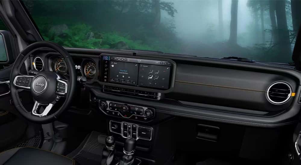 Black interior in a 2025 Jeep Wrangler for sale near Cincinnati.