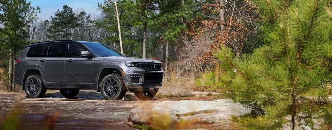 Grey 2025 Jeep Grand Cherokee L parked in forest.