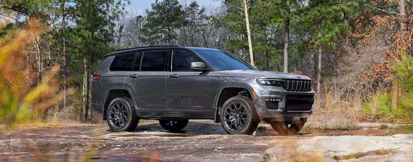 A gray 2025 Jeep Grand Cherokee L parked near a forest.