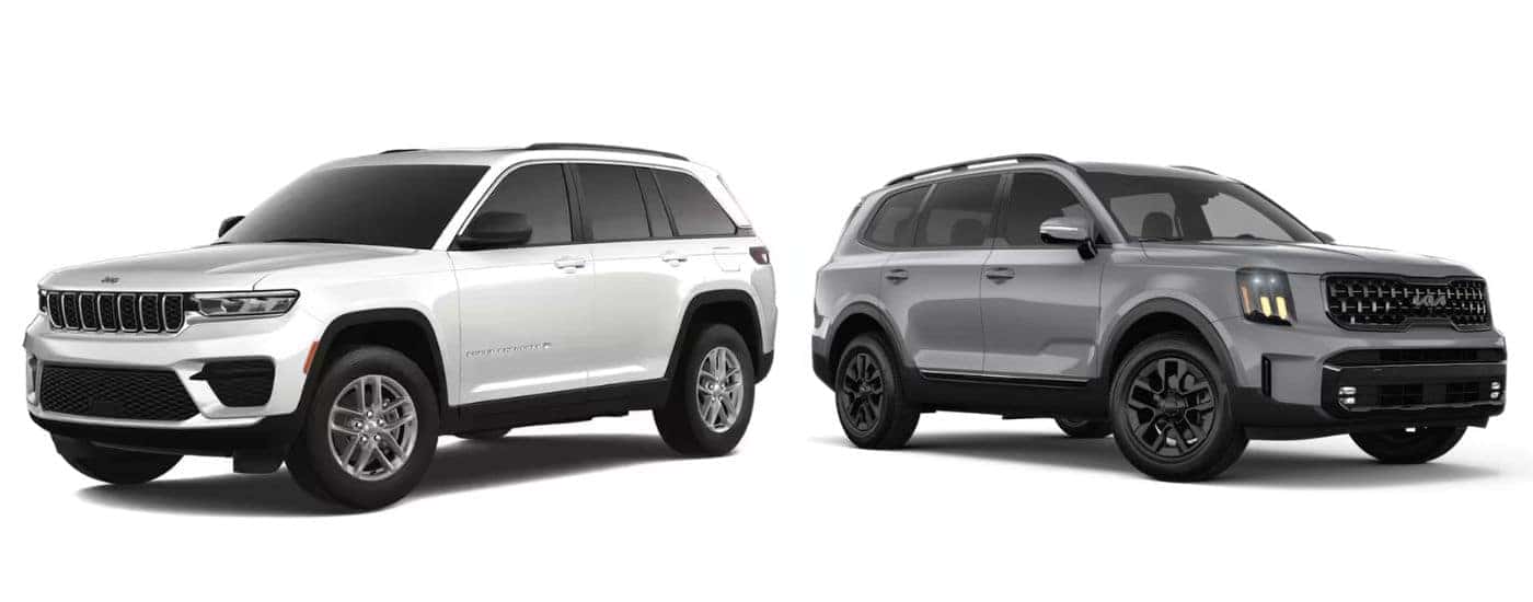 A white 2025 Jeep Grand Cherokee L vs a gray 2025 Kia Telluride.