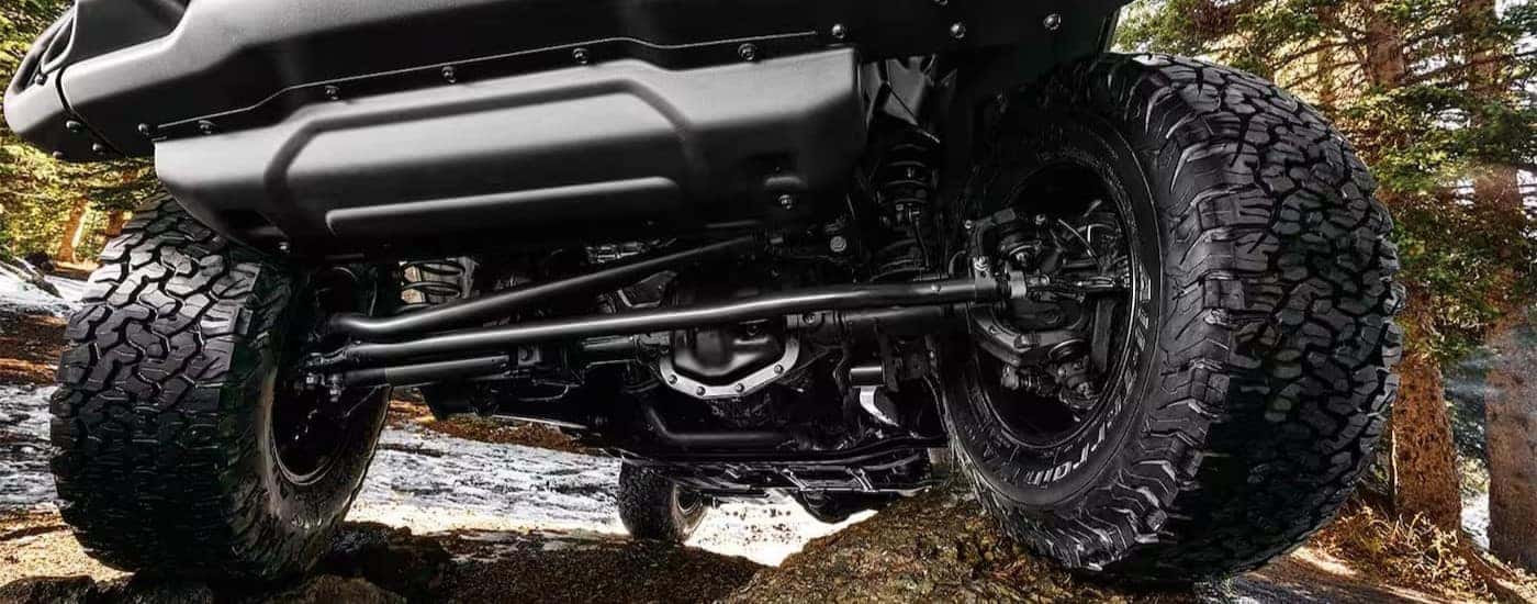 Close-up of the undercarriage of a 2025 Jeep Wrangler for sale near Burlington.
