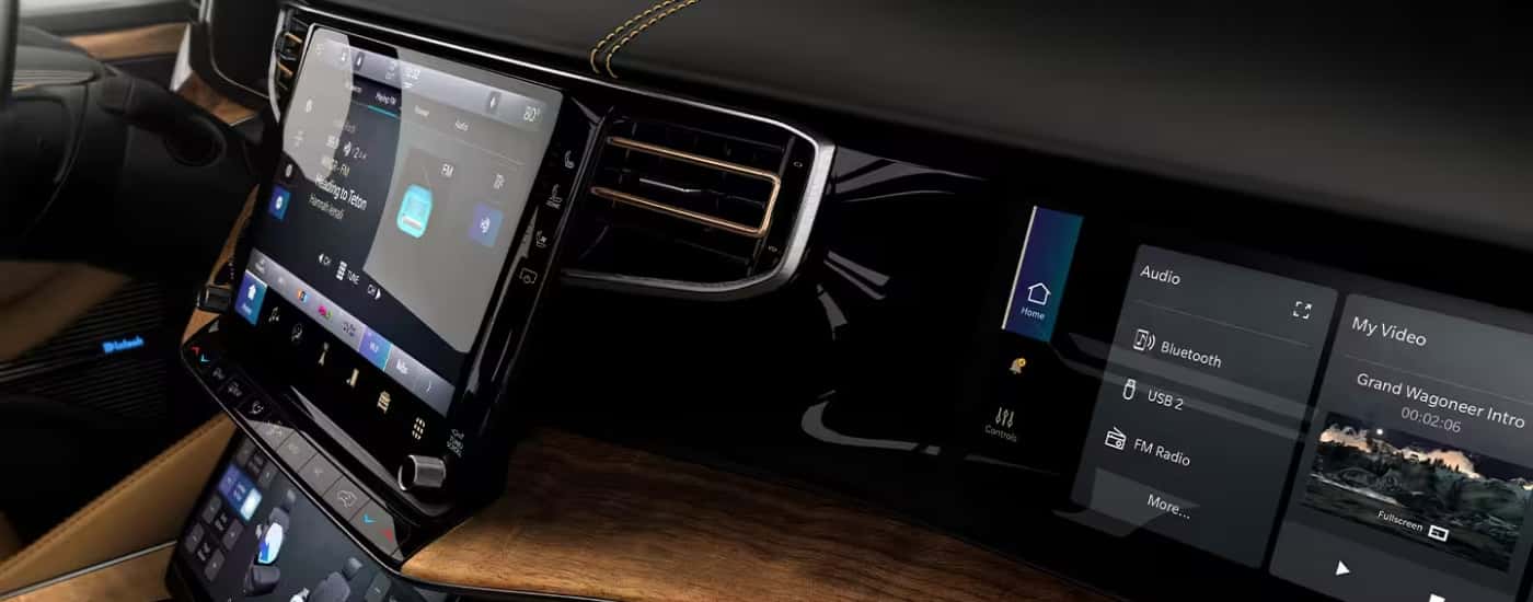 Digital screens on the dash of a 2025 Jeep Grand Wagoneer.