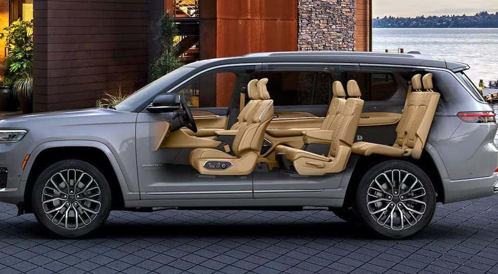 Three rows of seating shown in a gray 2025 Jeep Grand Cherokee L