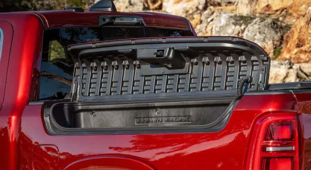 Close-up of a Ram Box on a red 2026 Ram 1500.
