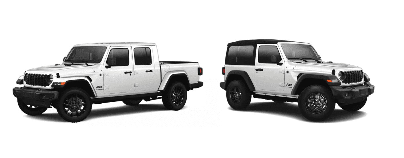 A white 2025 Jeep Gladiator vs a white 2025 Jeep Wrangler