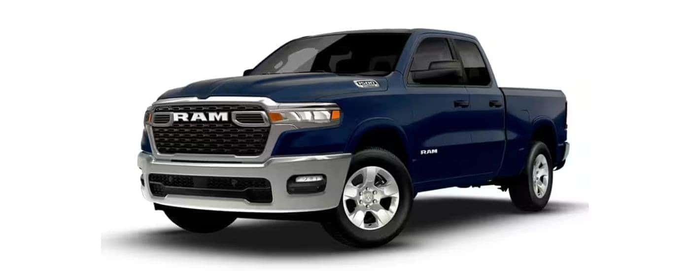 A blue 2026 Ram 1500 angled left.