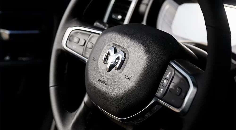 Close-up of the steering wheel in a 2026 Ram 2500.