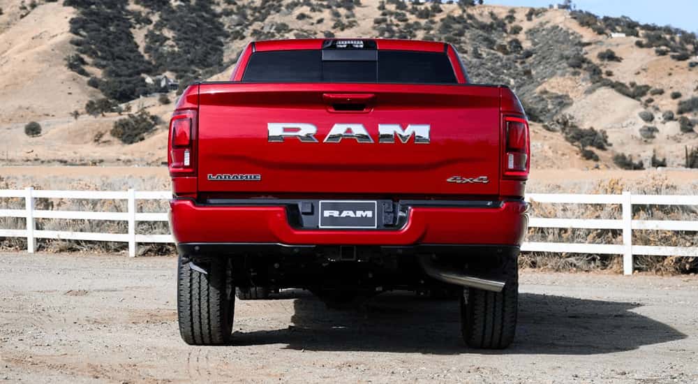 Tailgate of a red 2026 Ram 2500 LARAMIE