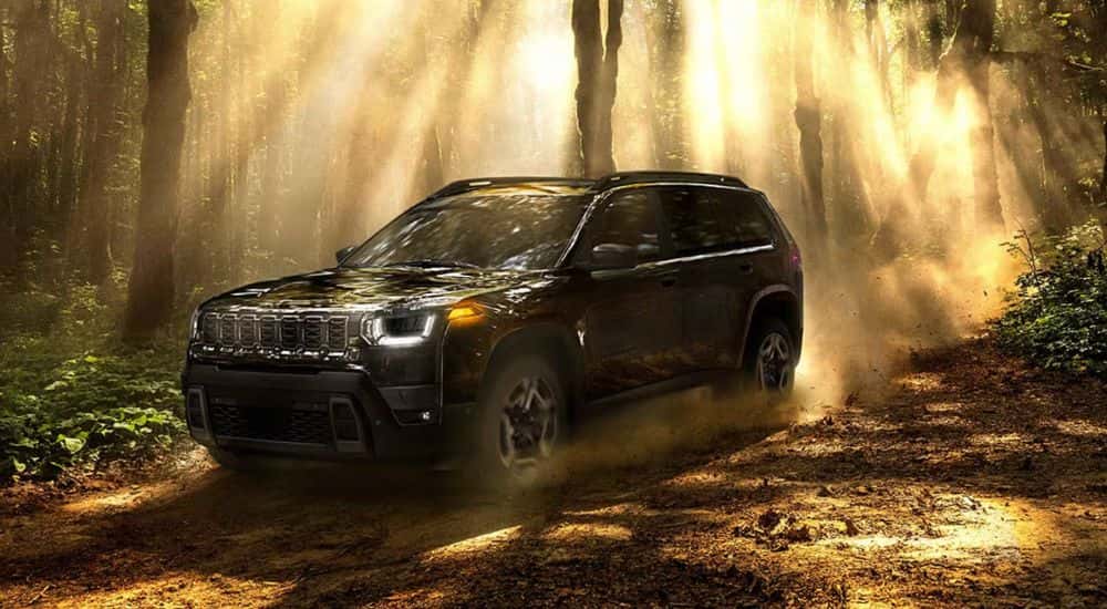 Black 2026 Jeep Cherokee Laredo parked in the woods with sun shining on it