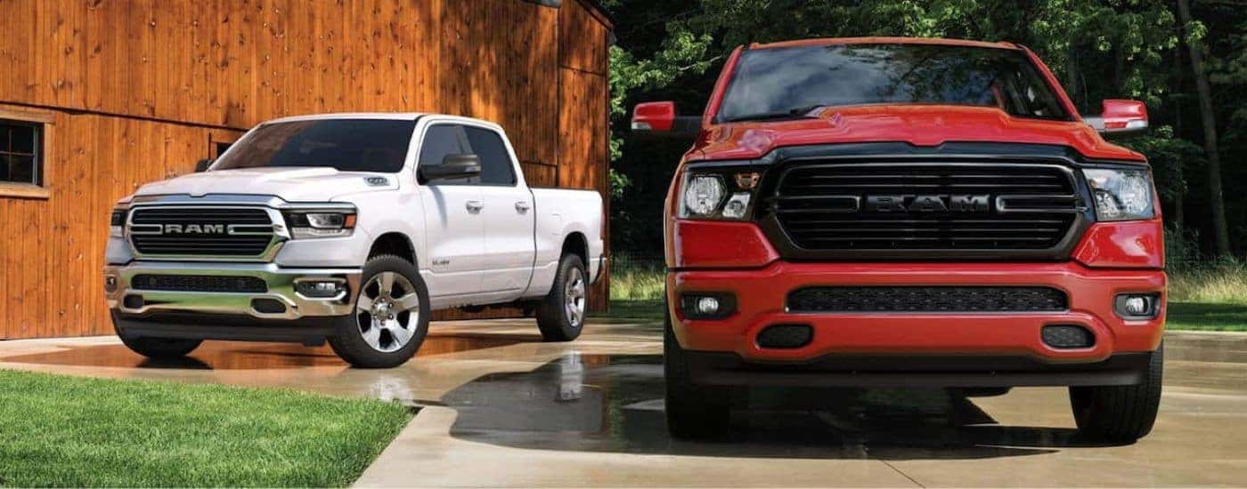 White and Red 2020 Ram 1500 parked in a driveway
