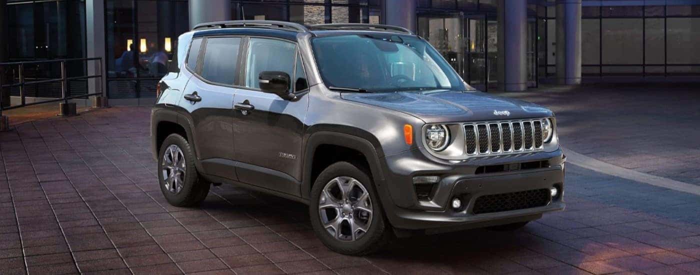 Grey 2023 Jeep Renegade parked near a mall