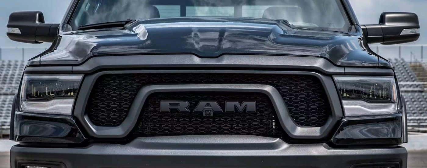 A close up of the front of a black 2023 Ram 1500 Power Wagon.