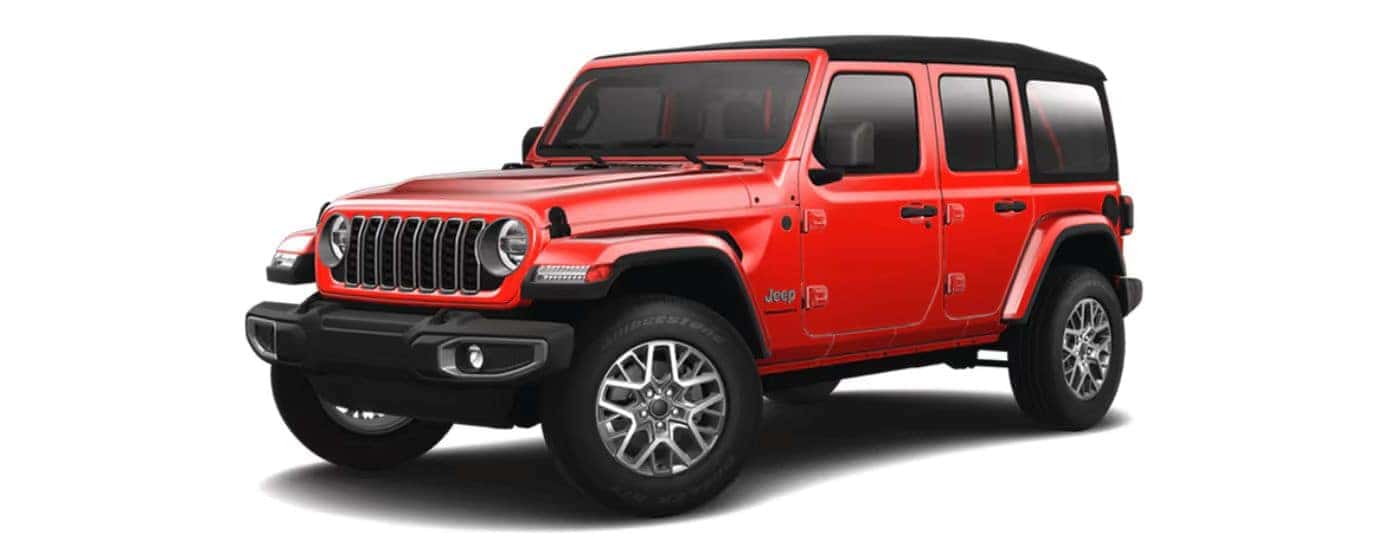 Red 2025 Jeep Wrangler angled left.