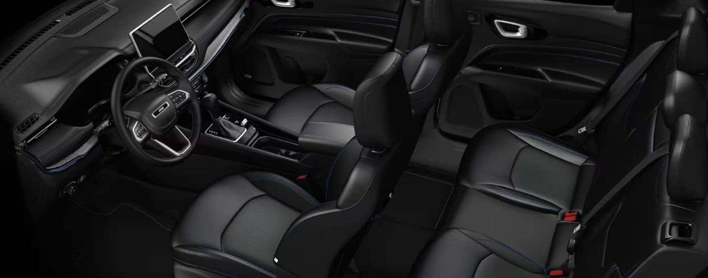 Black interior of a 2026 Jeep Compass aerial view.