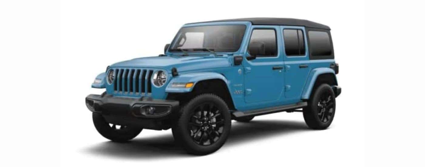 A blue 2021 Jeep Wrangler 4xe with a white background.
