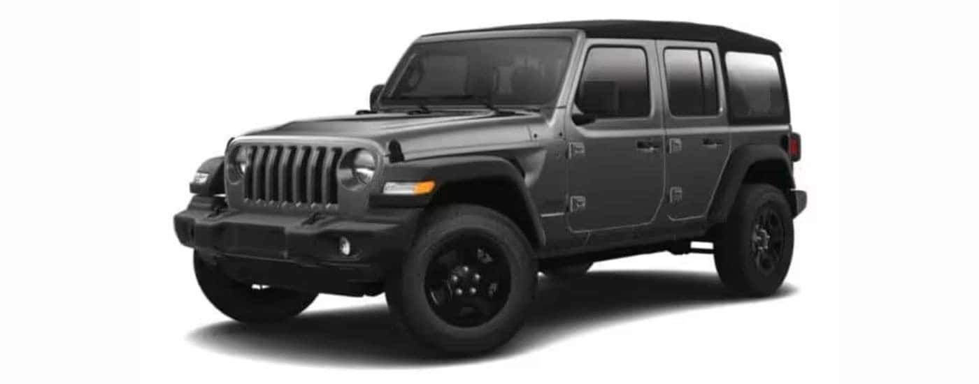A dark gray 2021 Jeep Wrangler with a white background.