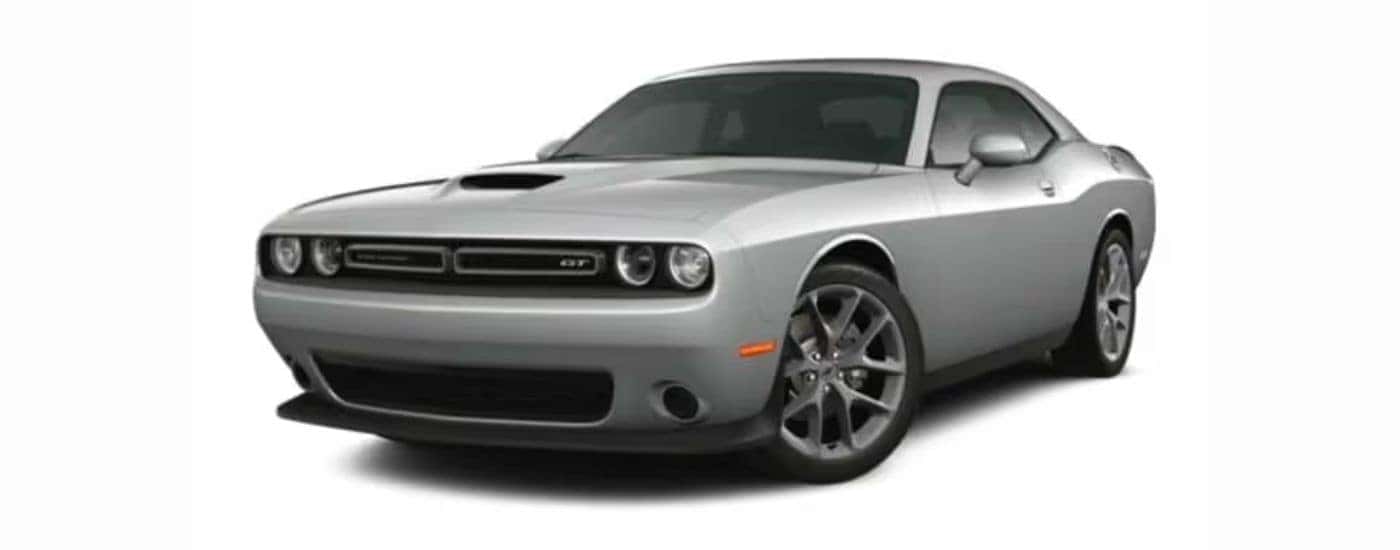 A gray 2022 Dodge Challenger with a white background.