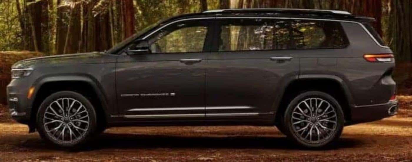 A gray 2024 Jeep Grand Cherokee is shown parked in a forest.