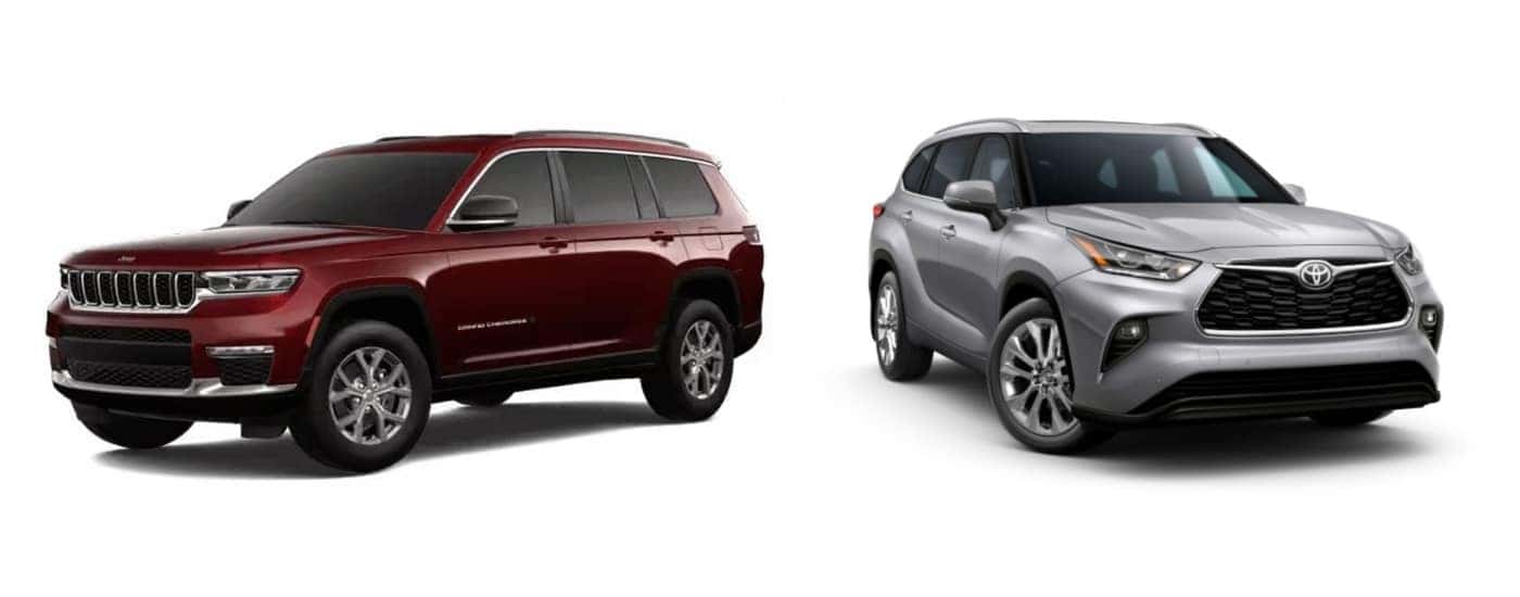 Maroon 2021 Jeep Grand Cherokee L angled left and silver 2021 Toyota Highlander angled right