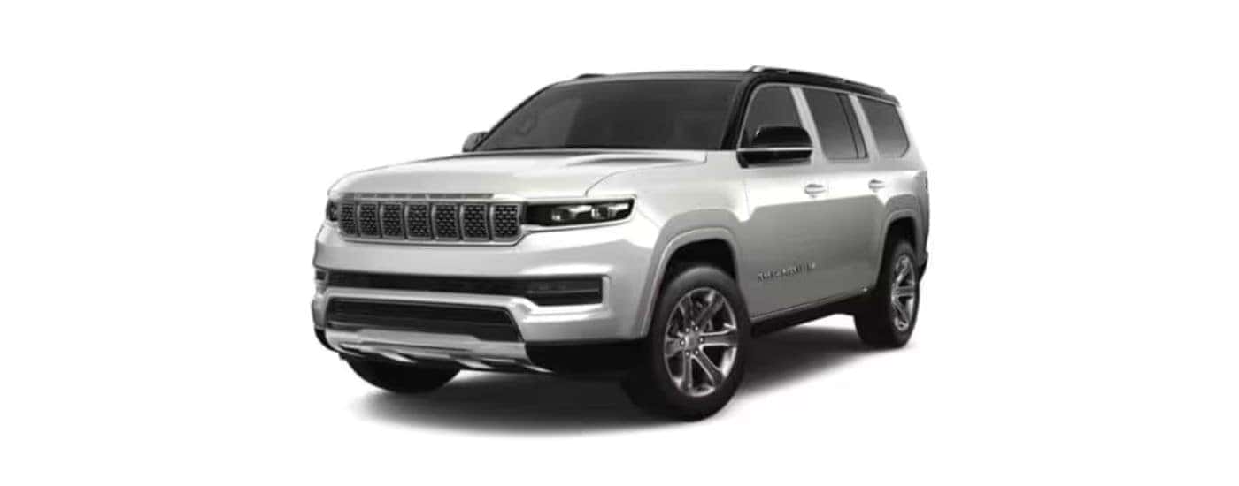 Silver 2024 Jeep Grand Wagoneer angled left.