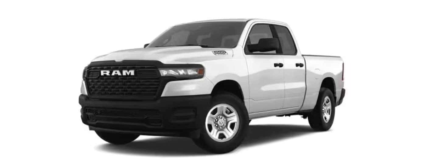 White 2024 Ram 1500 angled left.