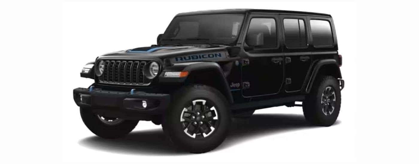 A black 2024 Jeep Wrangler 4xe Rubicon with a white background.