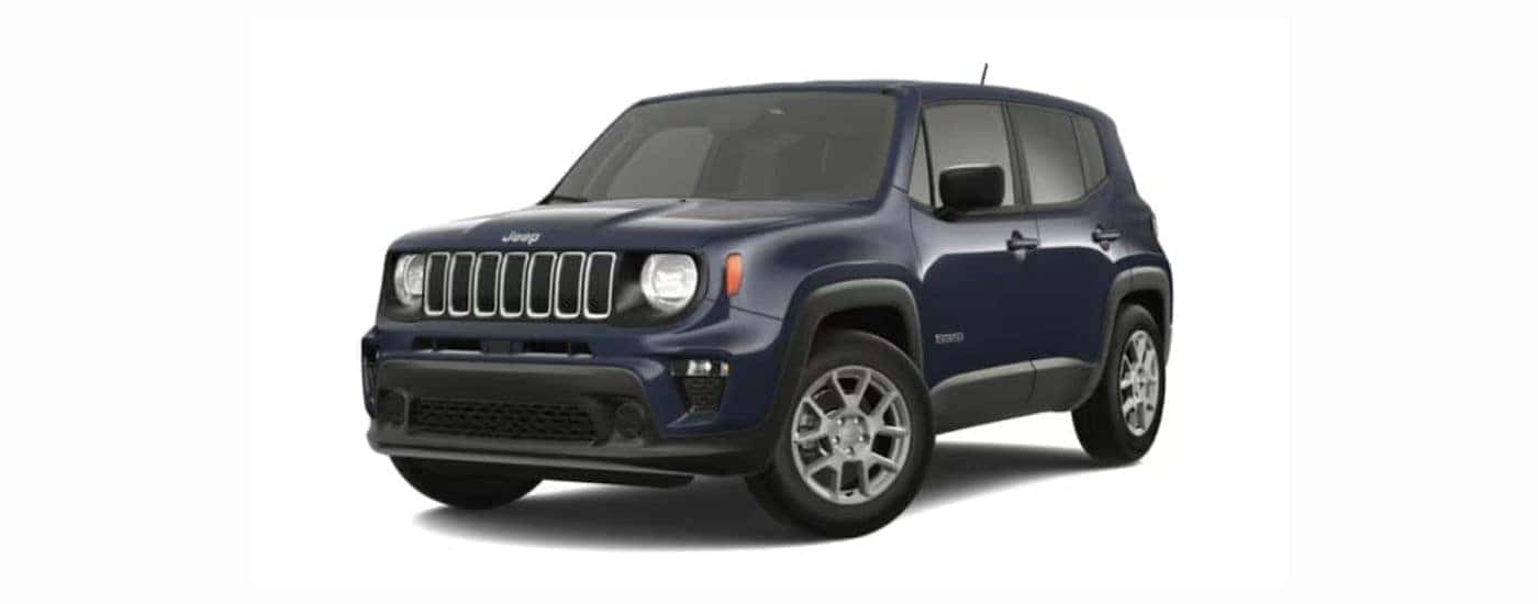 A blue 2023 Jeep Renegade with a white background.
