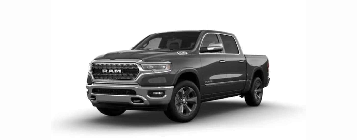 A gray 2022 Ram 1500 with a white background angled left.