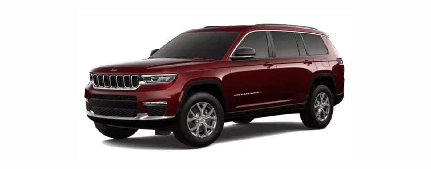 A red 2021 Jeep Grand Cherokee L with a white background.