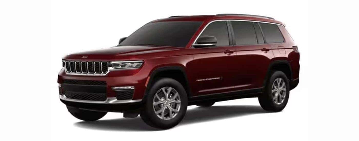 A red 2023 Jeep Grand Cherokee L with a white background.