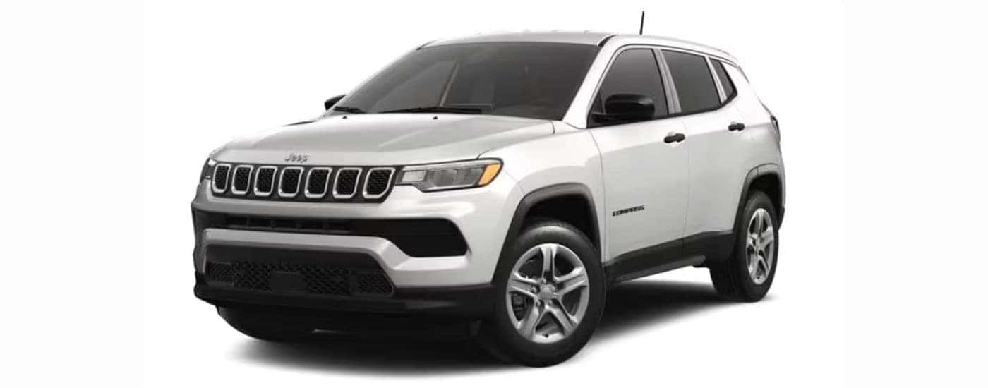 A white 2023 Jeep Compass with a white background.