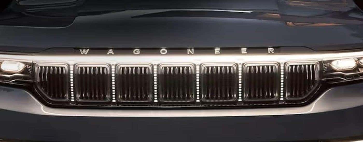 Front grille of a gray 2022 Jeep Wagoneer.