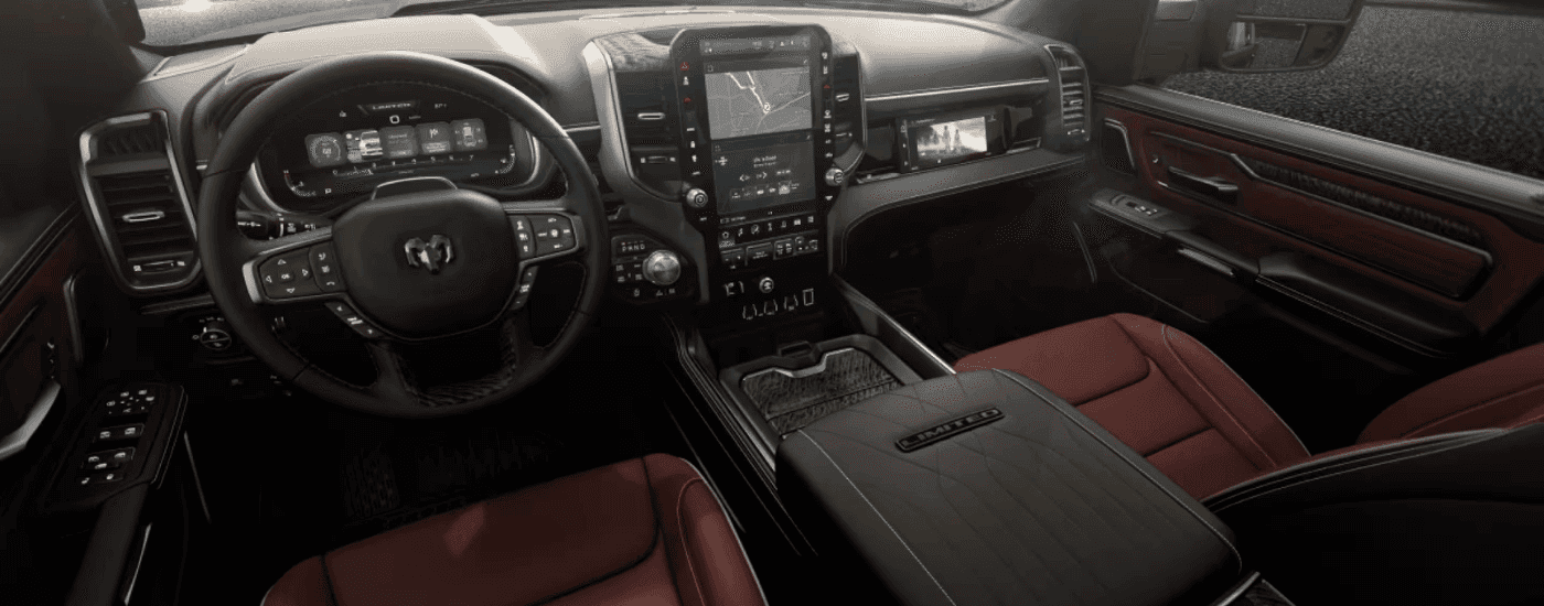 Red and black leather interior of a 2026 Ram 1500 Limited