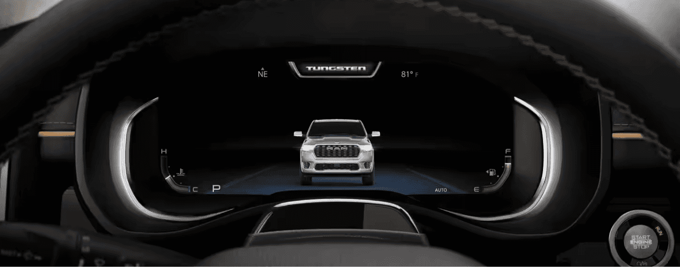 Drive mode screen on a white 2026 Ram 1500 Tungsten
