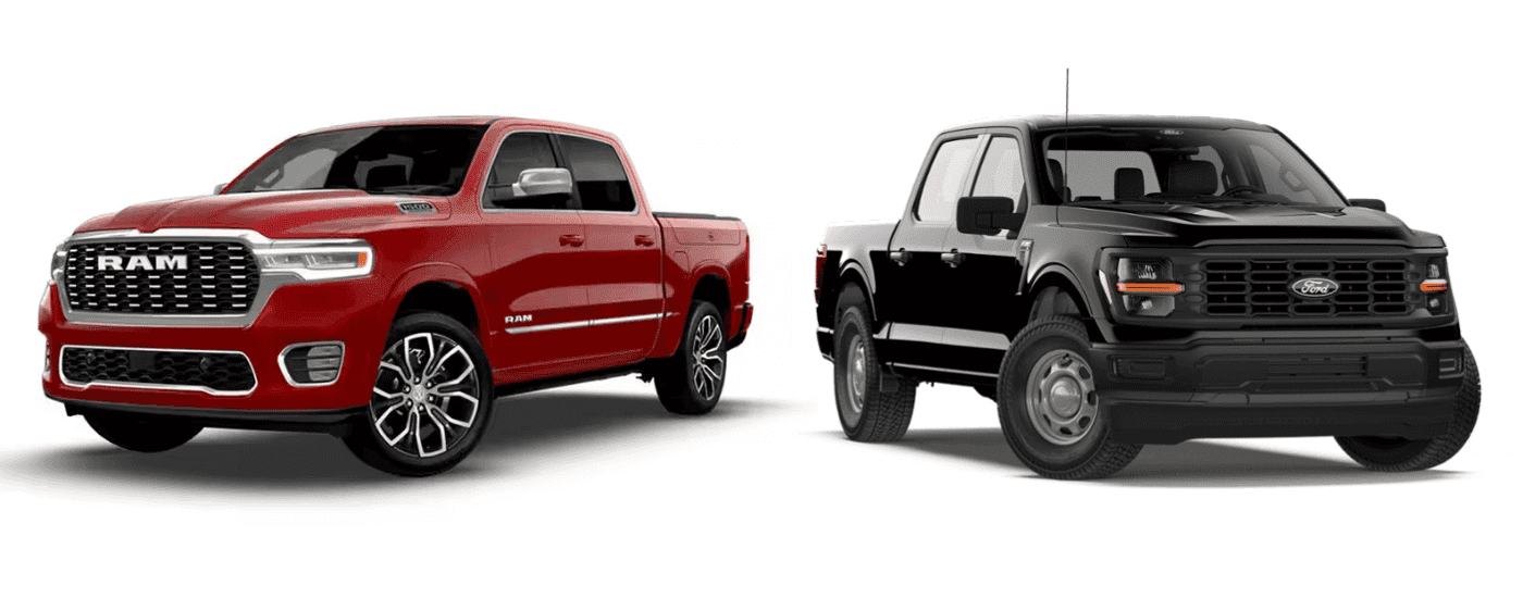 Red 2026 Ram 1500 Tungsten next to a black 2026 Ford F-150