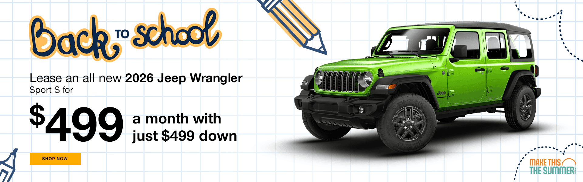 Lease an all new 2026 Jeep Wrangler Sport S for $499 a month with just $499 down